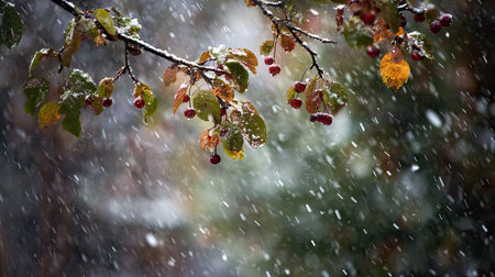 First snow falling gently on Black cherry, a few snowflakes drifting slowly and settling on the leaves; fresh air.の写真素材