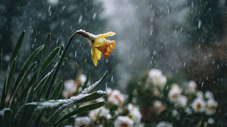 First snow falling gently on Daffodil, a few snowflakes drifting slowly and settling on the leaves; fresh air.の写真素材