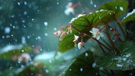First snow falling gently on Begonia, a few snowflakes drifting slowly and settling on the leaves; fresh air.の写真素材