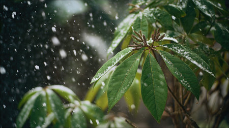 First snow falling gently on a plant, a few snowflakes drifting slowly and settling on the leaves; fresh air.の写真素材