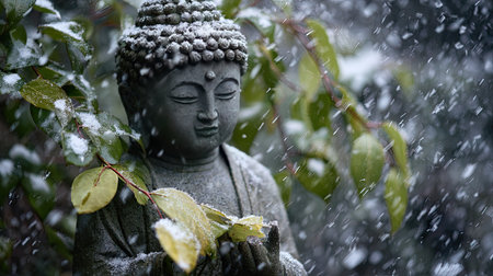 First snow falling gently on Buddha s hand, a few snowflakes drifting slowly and settling on the leaves; fresh air.の写真素材