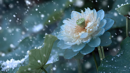 First snow falling gently on Blue lotus, a few snowflakes drifting slowly and settling on the leaves; fresh air.の写真素材