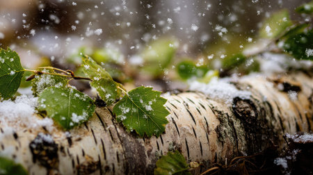 First snow falling gently on Birch bark, a few snowflakes drifting slowly and settling on the leaves; fresh air.の写真素材
