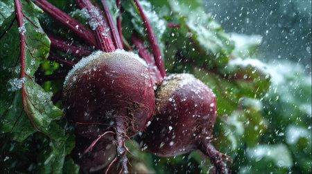First snow falling gently on Beetroot, a few snowflakes drifting slowly and settling on the leaves;...