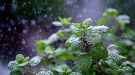 First snow falling gently on Catmint, a few snowflakes drifting slowly and settling on the leaves; fresh air.の写真素材