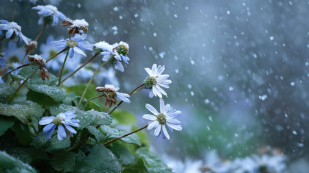 First snow falling gently on Cineraria, a few snowflakes drifting slowly and settling on the leaves; fresh air.の写真素材