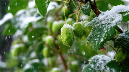 First snow falling gently on Cucamelon, a few snowflakes drifting slowly and settling on the leaves; fresh air.の写真素材