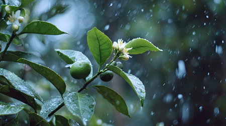 Rain falling gently on Calamansi, a few raindrops drifting slowly and settling on the leaves; fresh air.の写真素材