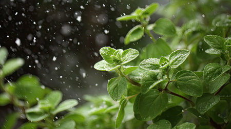 First snow falling gently on Cuban oregano, a few snowflakes drifting slowly and settling on the...