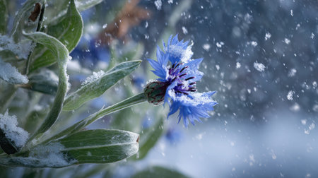 First snow falling gently on Cornflower, a few snowflakes drifting slowly and settling on the leaves; fresh air.の写真素材