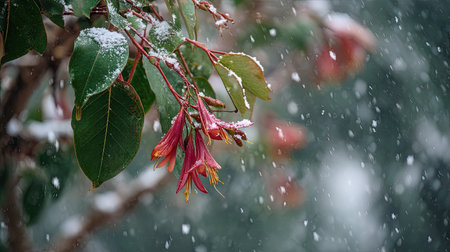 First snow falling gently on Coral tree, a few snowflakes drifting slowly and settling on the...