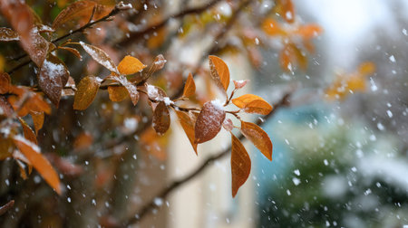 First snow falling gently on Ginger, a few snowflakes drifting slowly and settling on the leaves;...
