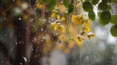 First snow falling gently on Golden shower tree, a few snowflakes drifting slowly and settling on the leaves; fresh air.の写真素材