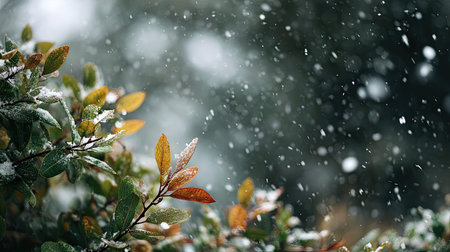 First snow falling gently, a few snowflakes drifting slowly and settling on the leaves; fresh air.