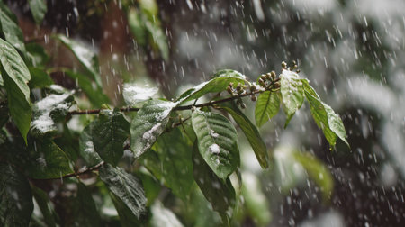 First snow falling gently on Coffee tree, a few snowflakes drifting slowly and settling on the...