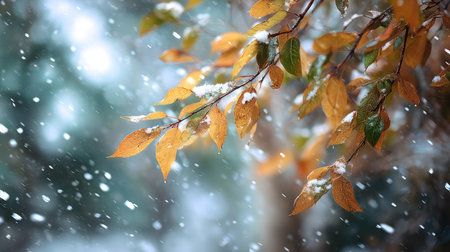 First snow falling gently on a few snowflakes drifting slowly and settling on the leaves; fresh air.