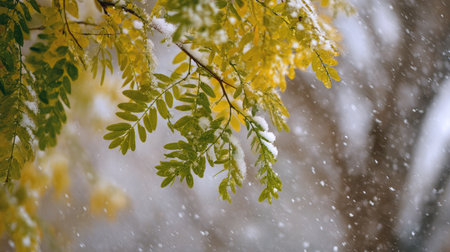 First snow falling gently on Honey locust, a few snowflakes drifting slowly and settling on the leaves; fresh air.の写真素材