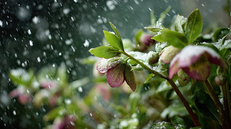 First snow falling gently on Hellebore, a few snowflakes drifting slowly and settling on the leaves; fresh air.の写真素材