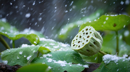 First snow falling gently on Lotus root, a few snowflakes drifting slowly and settling on the leaves; fresh air.の写真素材