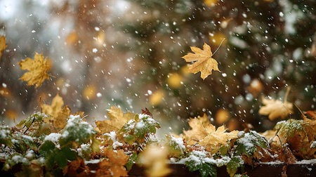 First snow falling gently, a few snowflakes drifting slowly and settling on the leaves; fresh air.の写真素材