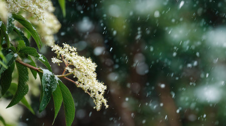 First snow falling gently on Elderflower, a few snowflakes drifting slowly and settling on the leaves; fresh air.の写真素材