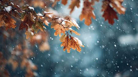First snow falling gently on Elm, a few snowflakes drifting slowly and settling on the leaves; fresh...