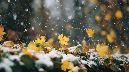 First snow falling gently on Mustard, a few snowflakes drifting slowly and settling on the leaves; fresh air.の写真素材