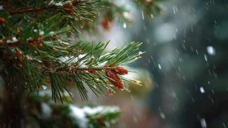 First snow falling gently on Fir, a few snowflakes drifting slowly and settling on the leaves; fresh...