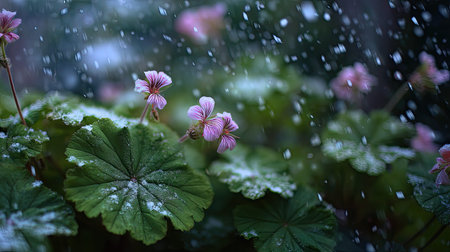 First snow falling gently on Geranium, a few snowflakes drifting slowly and settling on the leaves; fresh air.の写真素材