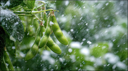 First snow falling gently on Edamame, a few snowflakes drifting slowly and settling on the leaves; fresh air.の写真素材