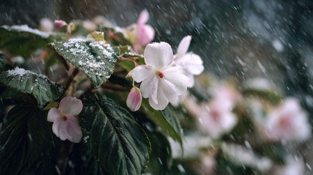 First snow falling gently on Impatiens, a few snowflakes drifting slowly and settling on the leaves;...