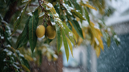 First snow falling gently on a tree, a few snowflakes drifting slowly and settling on the leaves;...