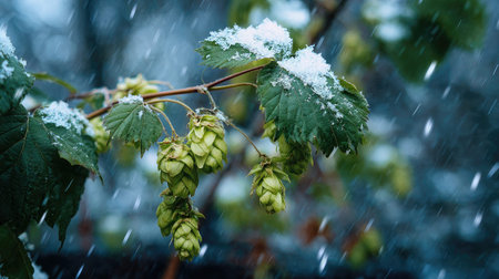 First snow falling gently on Hops, a few snowflakes drifting slowly and settling on the leaves;...