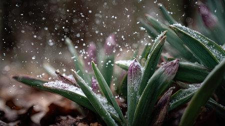 First snow falling gently on Onion, a few snowflakes drifting slowly and settling on the leaves; fresh air.の写真素材