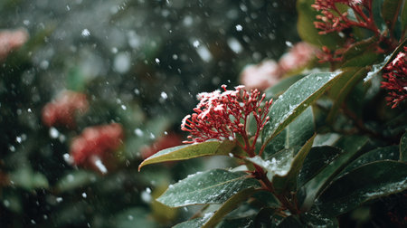 First snow falling gently on Ixora, a few snowflakes drifting slowly and settling on the leaves; fresh air.の写真素材