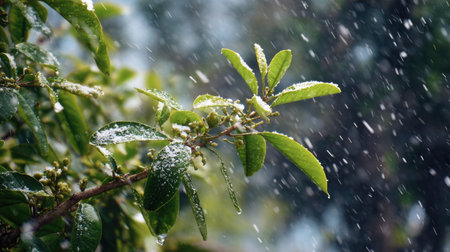 First snow falling gently on Guava tree, a few snowflakes drifting slowly and settling on the leaves; fresh air.の写真素材