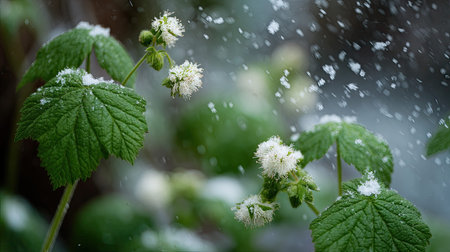 First snow falling gently on Marshmallow root, a few snowflakes drifting slowly and settling on the...