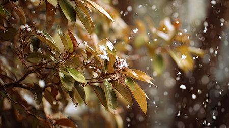 First snow falling gently on Lignum vitae, a few snowflakes drifting slowly and settling on the leaves; fresh air.の写真素材