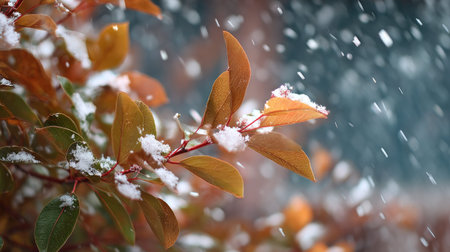 First snow falling gently on Plum tree, a few snowflakes drifting slowly and settling on the leaves;...