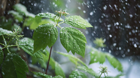 First snow falling gently on Panax ginseng, a few snowflakes drifting slowly and settling on the leaves; fresh air.の写真素材