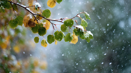 First snow falling gently on Katuk, a few snowflakes drifting slowly and settling on the leaves;...