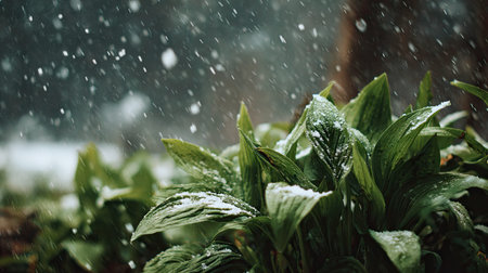 First snow falling gently on Plantain, a few snowflakes drifting slowly and settling on the leaves; fresh air.の写真素材