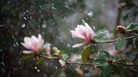 First snow falling gently on Magnolia, a few snowflakes drifting slowly and settling on the leaves;...