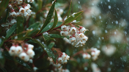 First snow falling gently on Waxflower, a few snowflakes drifting slowly and settling on the leaves;...