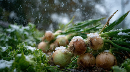 First snow falling gently on Pickling onion, a few snowflakes drifting slowly and settling on the...