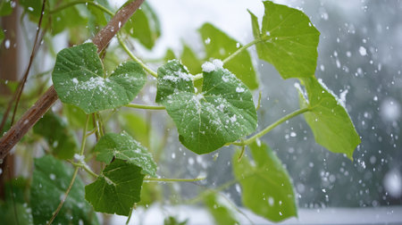 First snow falling gently on Luffa, a few snowflakes drifting slowly and settling on the leaves;...
