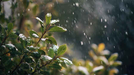 First snow falling gently, a few snowflakes drifting slowly and settling on the leaves; fresh air.の写真素材
