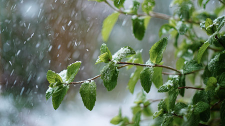 First snow falling gently on Spearmint, a few snowflakes drifting slowly and settling on the leaves;...