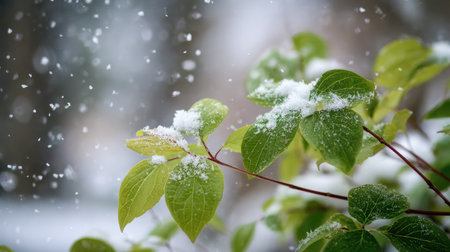 First snow falling gently on Siberian ginseng, a few snowflakes drifting slowly and settling on the leaves; fresh air.の写真素材