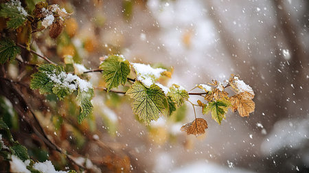 First snow falling gently on Jute, a few snowflakes drifting slowly and settling on the leaves;...
